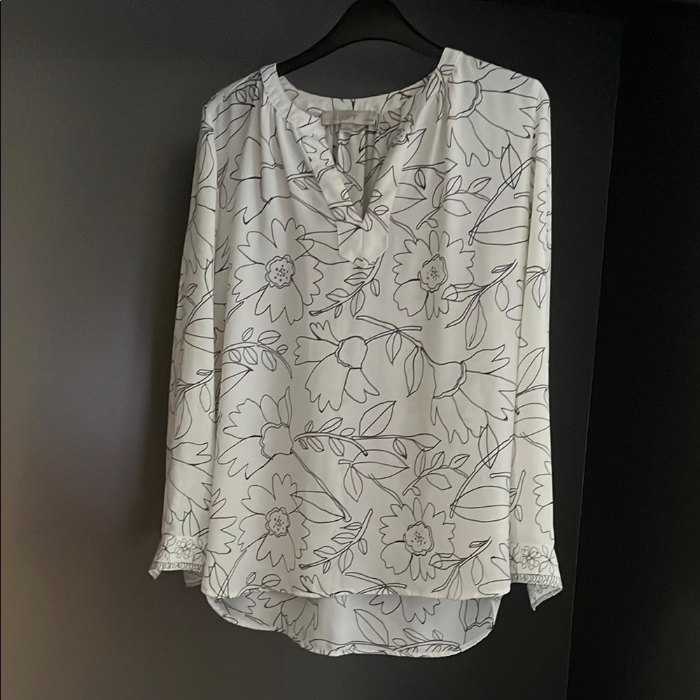 LOFT White and Black V-Neck Long Sleeve Blouse
